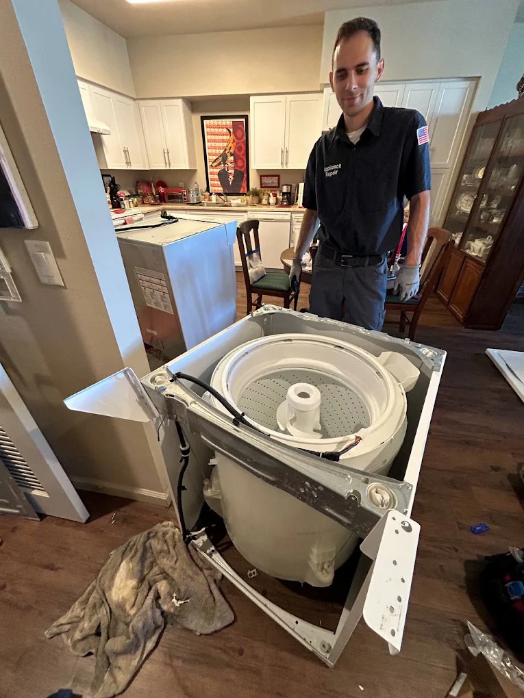 Top-load washer repair with cabinet removed, Irvine, CA
